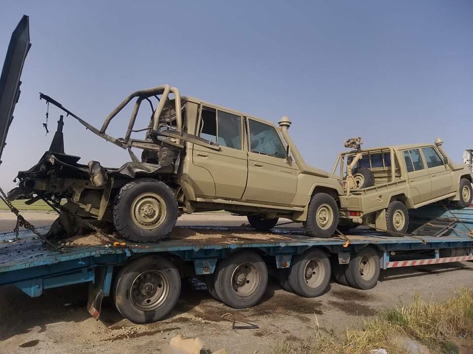IED blast damages a vehicle granted by the Coalition to the Iraqi army 