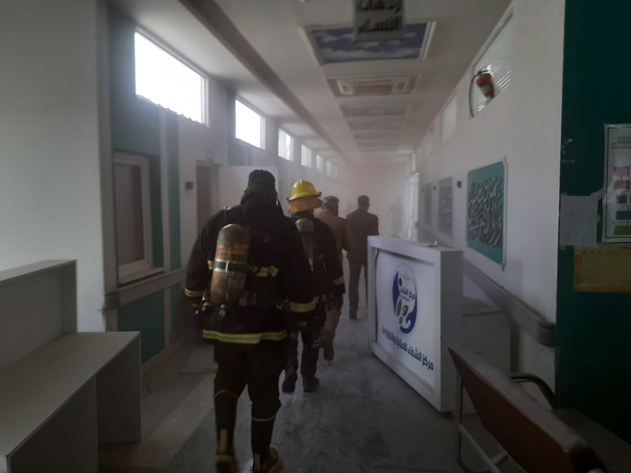 Civil Defense teams extinguish a fire that broke out in a hospital in Najaf 