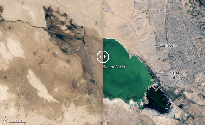 موقع "NASA Earth": عودة المياه لبحر النجف والمدينة ووادي السلام يكبران بشكل متسارع (صور)