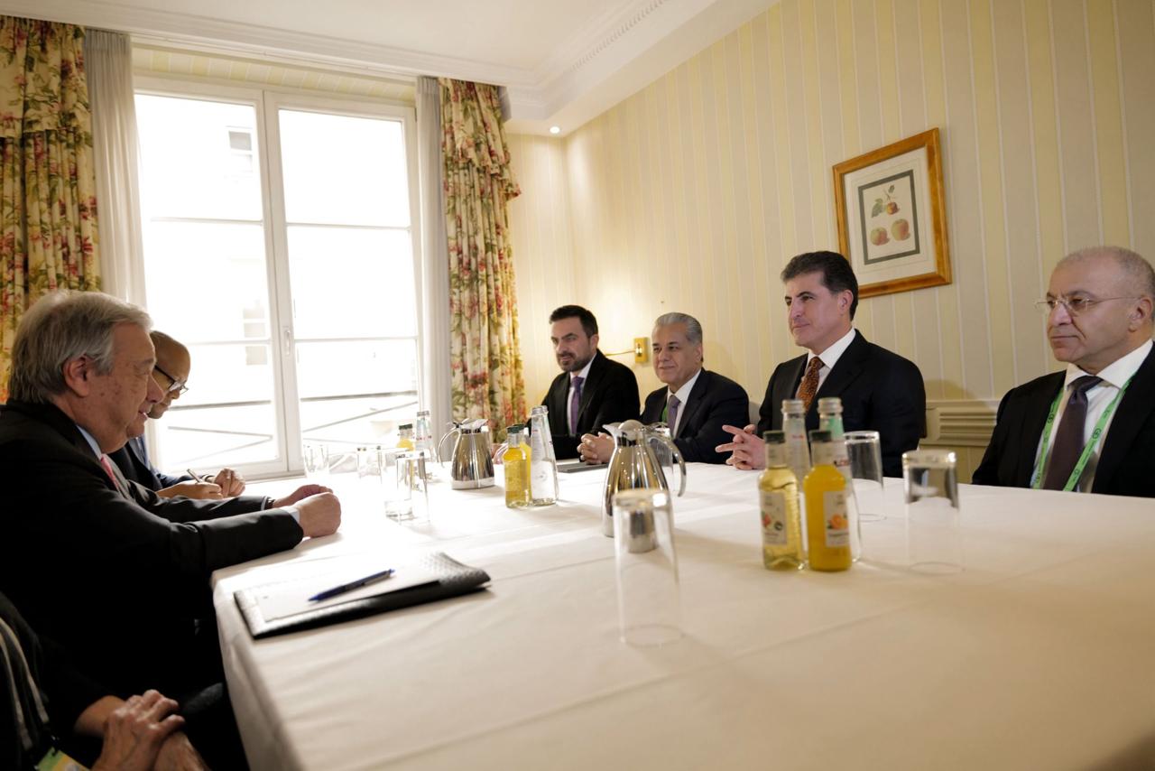 نيجيرفان بارزاني وغوتيريش ورئيس الوزراء القطري يتفقون على ضرورة تعزيز الأمن والاستقرار في المنطقة
