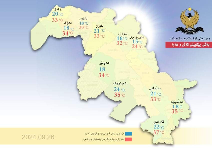 کەشوهەوای 48 ساعەت ئایندە لە هەرێم کوردستان