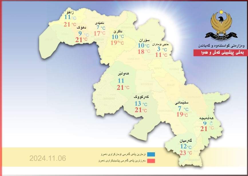 کەشوهەوای 48 ساعەت ئایندە لەهەرێم کوردستان