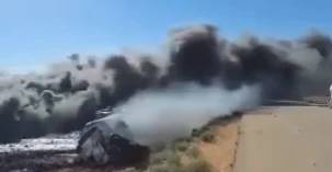 احتراق صهريج محمّل بالنفط العراقي في البادية السورية (فيديو)