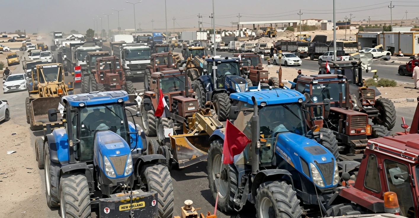 واسط.. المزارعون يغلقون طريقاً سريعاً بالحاصدات مطالبين بمستحقاتهم (فيديو)